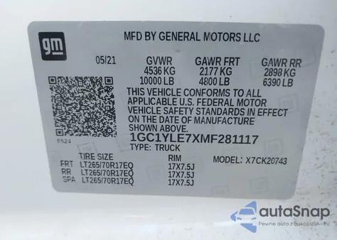 2021 Chevrolet Silverado 2500Hd 4Wd Standard Bed Wt из США, поврежденный, VIN 1GC1YLE7XMF281117